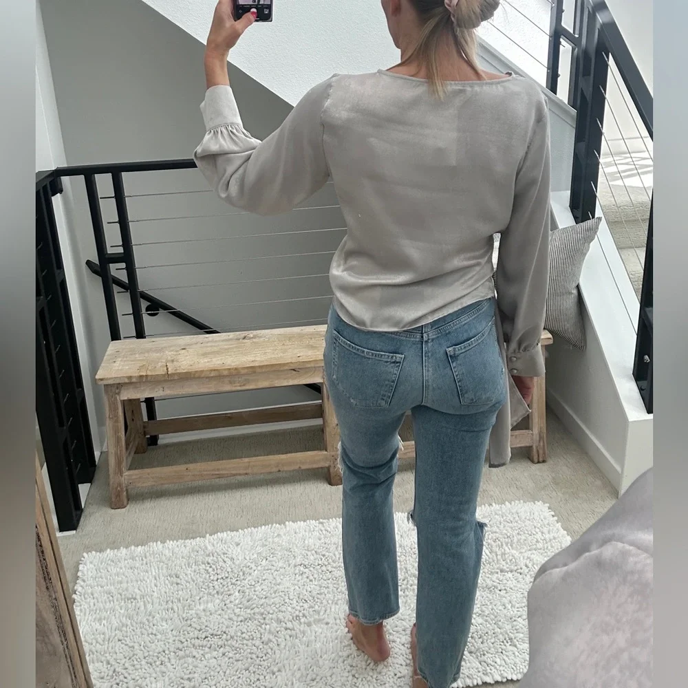 Miss love silver gray wrap long sleeve v neck blouse top business casual NWT M - Picture 8 of 15